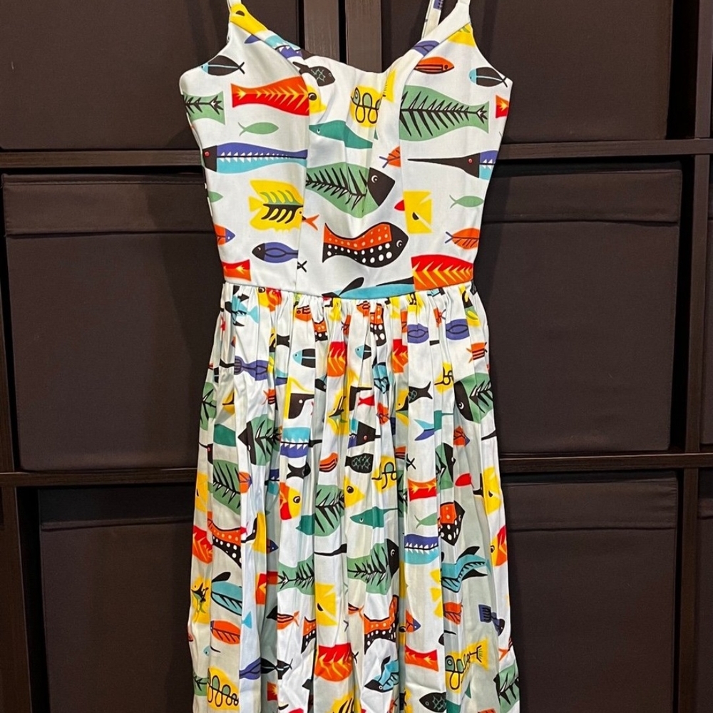 Pinup Couture Sun Swing Dress by Sir CHARLES of PHOENIX Fish Print Size S NWT